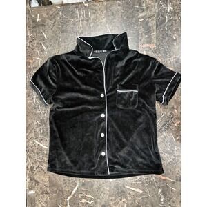 Tart Intimates Womens Black Ribbed Velvet Pajama Top Short Sleeve Button Up S